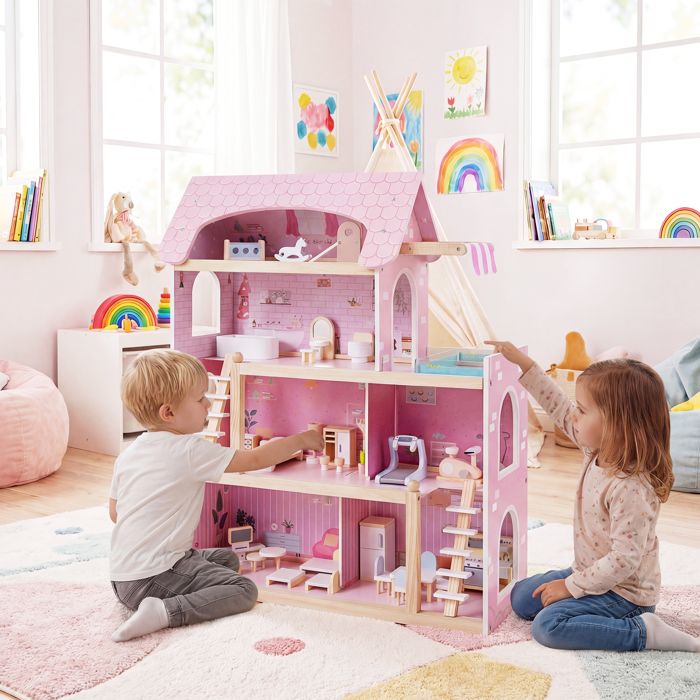 COSTWAY Maison de Poupée en Bois - 33 Accessoires de Meubles - 3 Étages et 1 Terrasse Peinture Ecologique pour Enfants 3-7 Ans Rose