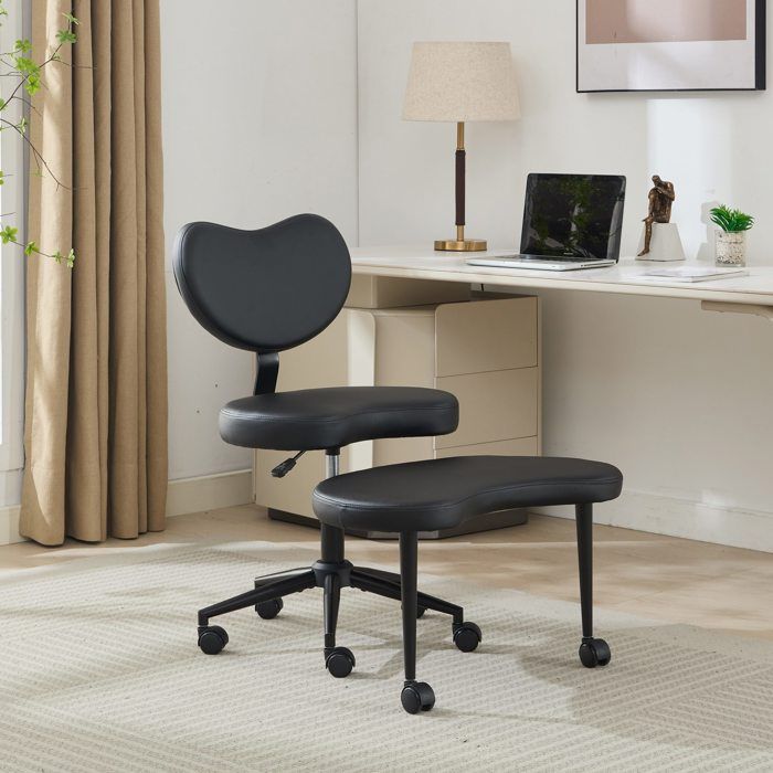 Chaise de bureau en cuir PU tabouret à jambes croisées réglable avec roulettes pour salon et chambre noir