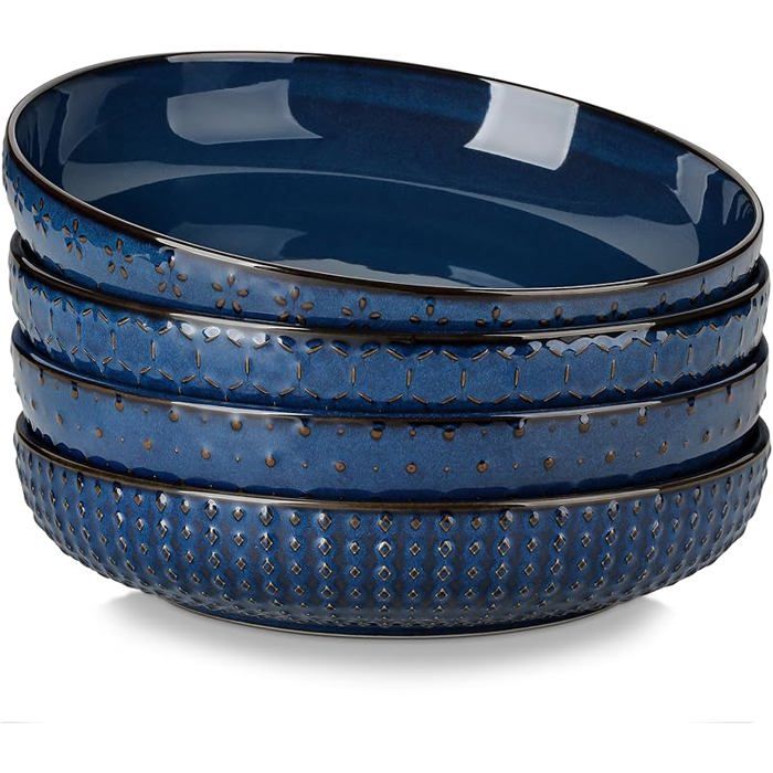 Grande Assiette Creuse en Grès 24cm Lot de 4 Assiettes Creuses pour Salade Bol à Pâtes Bleu 1570 ml Bol à Pâte Bleu WOK