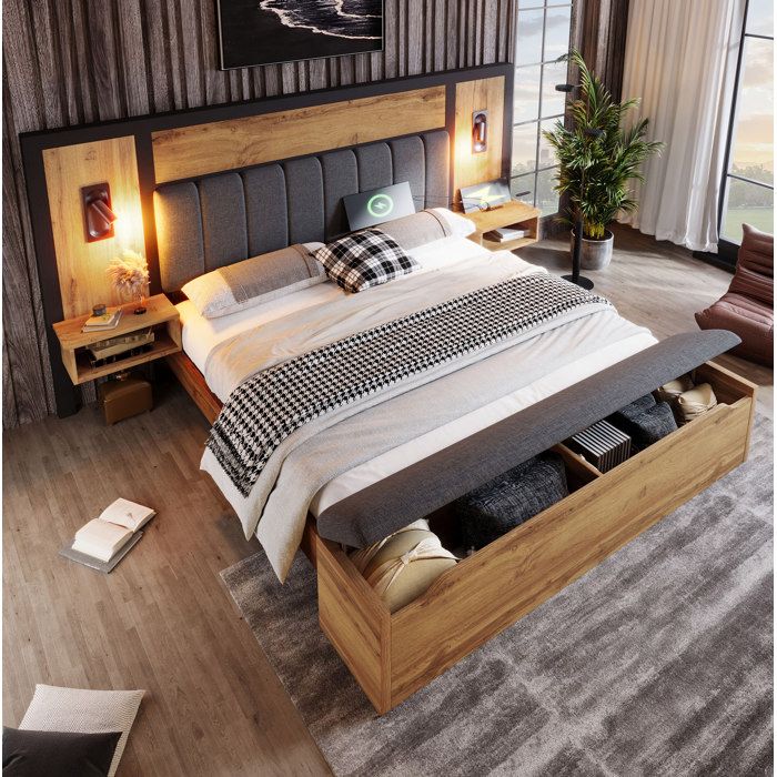lit double 180x200 avec liseuses intégrées chevets USB Type-C et banc de rangement effet chêne métal et lin ORVRYN