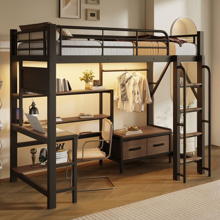 Lit mezzanine enfant lit simple 90x200 cm structure en fer panneau perforé tiroirs bureau port USB LED sans matelas noir