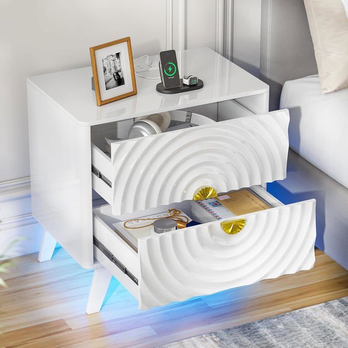 Table De Chevet Led Avec Multiprise(2 Prises Secteur 1 Port Usb) Pour Chambre Table DAppoint Avec 3 Lampes Led Et Détecteur[CA128]