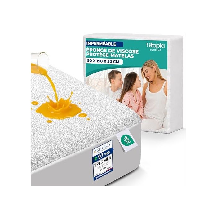 Protège Matelas 90 x 190 x 30 cm Imperméable Viscose Certifié Oeko-Tex Alèse ap Housse Blanc 90 x 190 x 30 90 x 190 DRAP HOUSSE