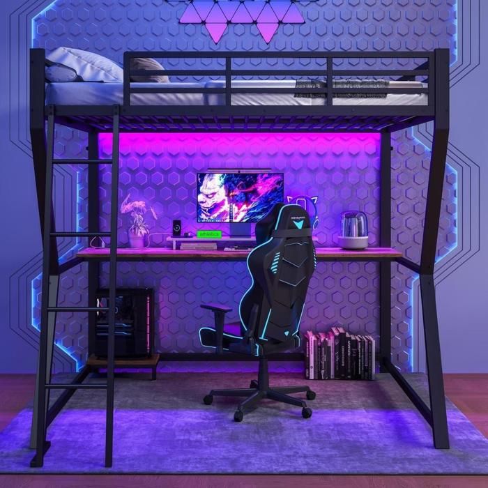 Lit mezzanine - KOMHTOM - 140x200 cm - Bureau gaming intégré - LED avec prise USB - Structure métal noir Lit mezzanine - KOMHTOM - 140x200 cm - Bureau gaming intégré - LED avec prise USB - Structure métal noir