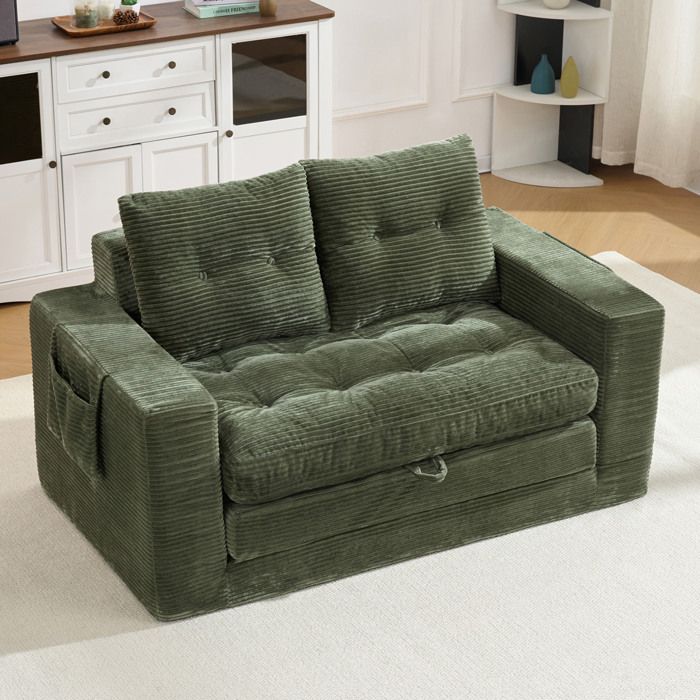 WOVREO canapé convertible 2 places dépliable en velours côtelé vert avec poches latérales et porte-gobelet