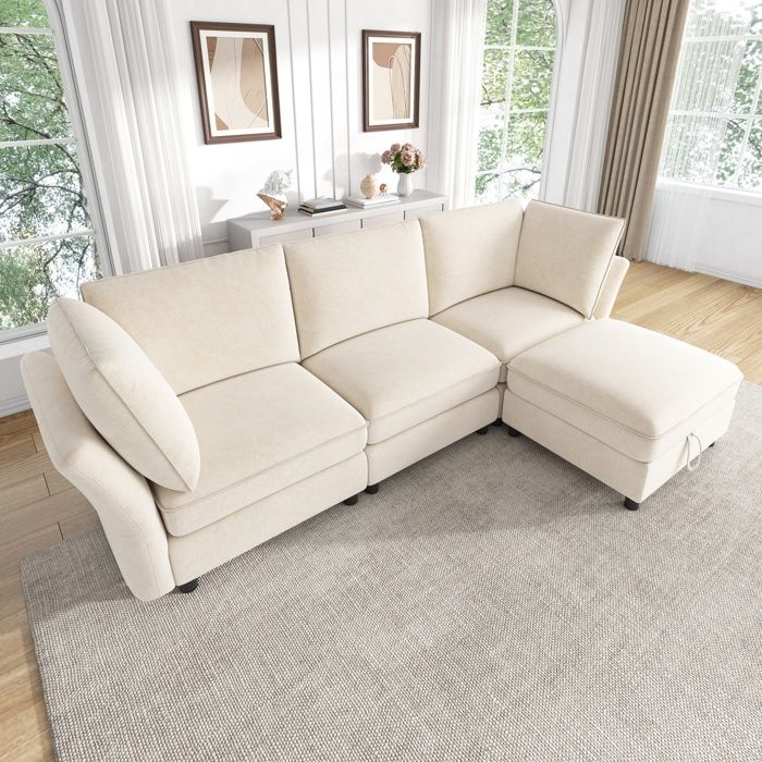 Canapé d’angle L modulable 4 places 225x137x84 cm pouf coffre mobile 2 coussins d’accoudoir ressorts ensachés chenille beige