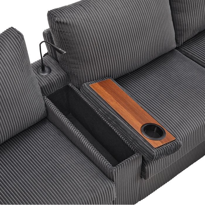 Canapé en U gris en corduroy 334 x 128 5 x 81 cm avec 2 poufs LED lampe de lecture USB/Type-C et rangement