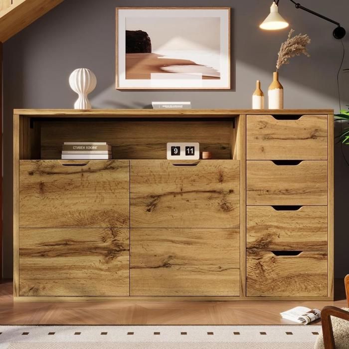 Commode / Sideboard - KOMHTOM - 150x40x90 cm - 4 tiroirs 2 portes - Chêne - Étagères réglables softclose