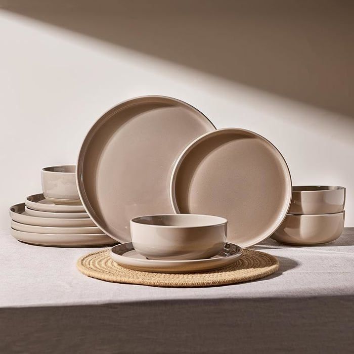 assiettes service de table 12 piècesmarron cannelle  Ensemble en grès comprenant Brun Jaunâtre Service pour 4 ENSEMBLE USTENSILES