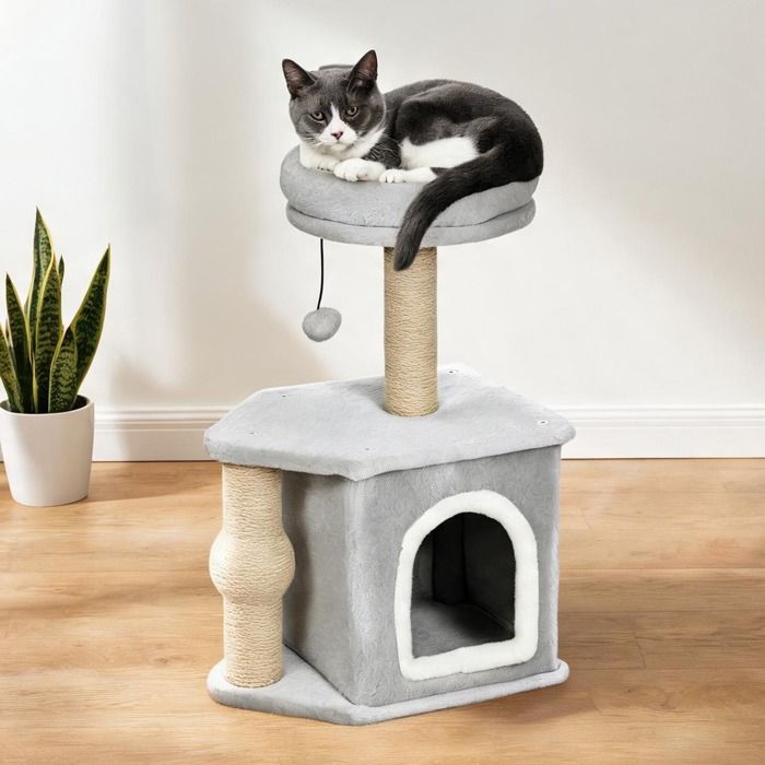 Arbre à chat compact 66 cm avec poteaux à griffer et niche – Gris clair 42x30x66 cm