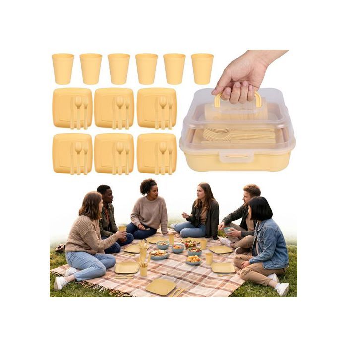 Ensemble PIQUE-NIQUE jaune SET de vaisselle de camping dans un récipient - 32 éléments