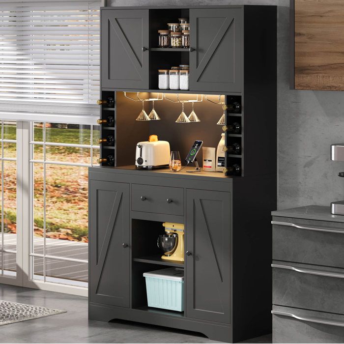 Buffet de cuisine AESVAR avec LED prises intégrées et range-bouteilles 105 x 39 x 180 cm noir