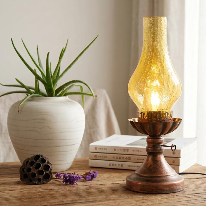 ElektraH Lampe de Table Vintage E27 Retro Lampe de chevet au Kérosène Electric Crackle Glas 40W Ambre