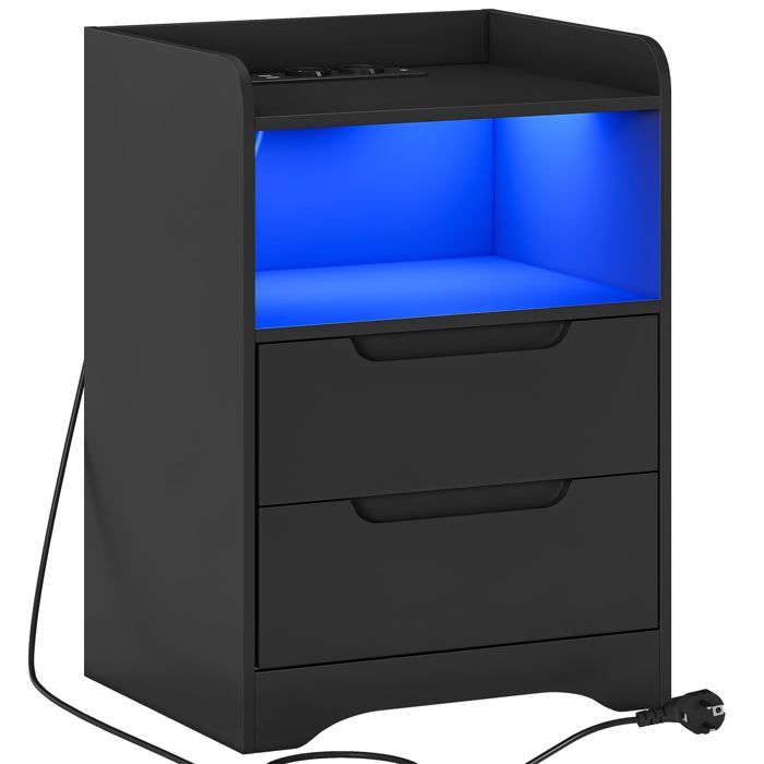 Table de Chevet Noir avec lumières LED et Multiprise (2 Pri CA 2 Pts USB) Table de Nuit avec 1 Compartiment Ouvert CHEVET
