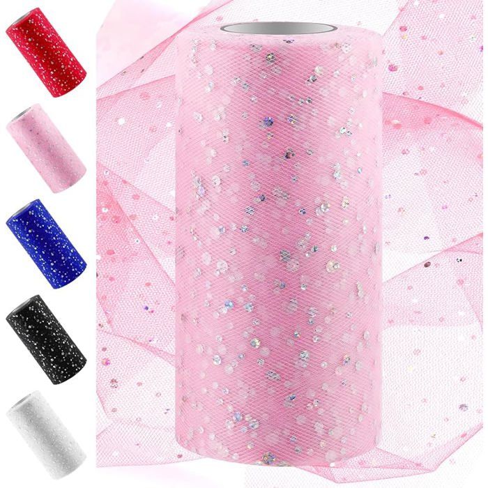 Rouleau de tissu tulle pailleté de 15 2 cm x 45 7 m bobine de tissu ruban tulle étincent bobine de filet en Rose
