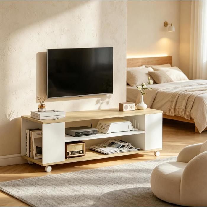 Meuble TV à roulettes 120 cm blanc et décor naturel rangements ouverts jusqu’à 55 pouces