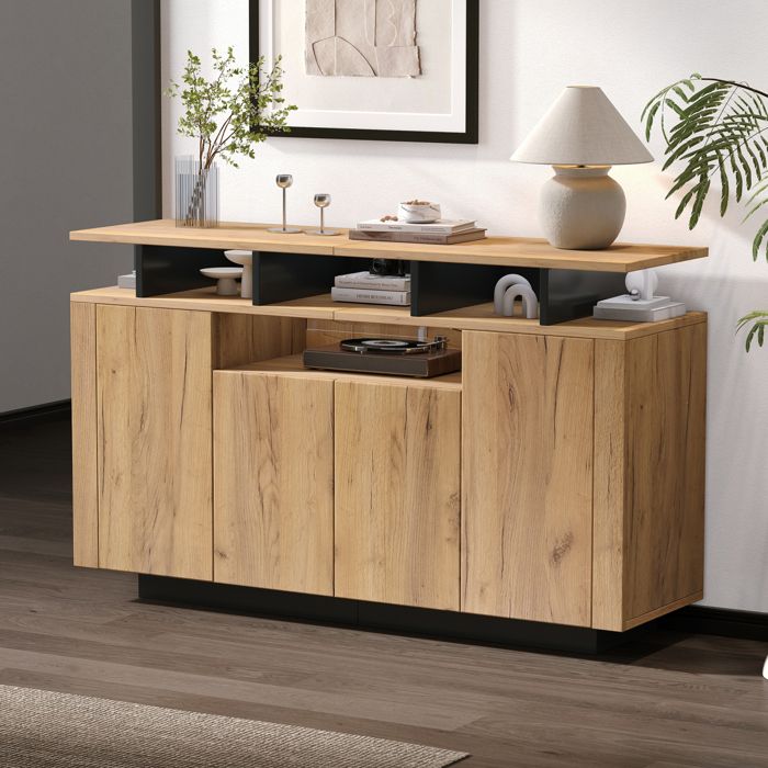 Buffet bahut bas Salon Bois naturel 4 portes 140 x 40 x 85 cm Meuble Rangement et Salle à Manger Style Scandinave