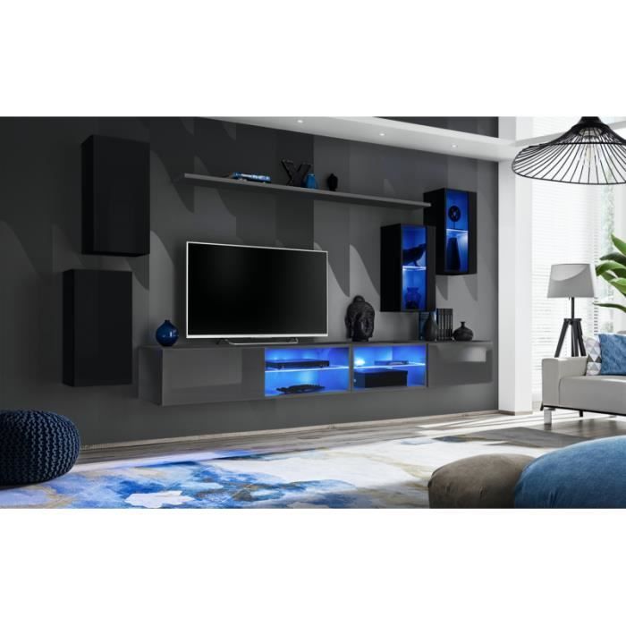 ensemble meuble tv mural switch xxv - ac-déco - noir et gris - verre - contemporain - design