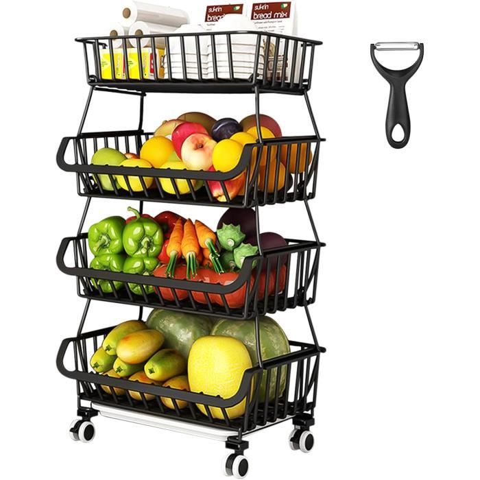 Chariot De Rangement à 5 étages Avec Roues - Pour Fruits, Légumes, Cuisine - Paniers En Maille, Hauteur Réglable - Design Tournant 180°