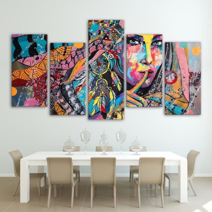 5 Panneaux Toile Imprime Peinture Acrylique Style Dream Catcher Mur Photos Pour Salon Moderne Sans Cadre Sans Etirement Achat Vente Tableau Toile Cdiscount