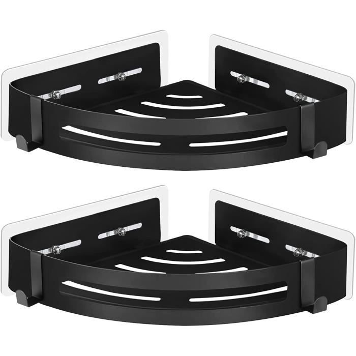 Étagère De Douche Sans Perçage - Lot De 2 Noires Avec Crochets - Aluminium Spatial