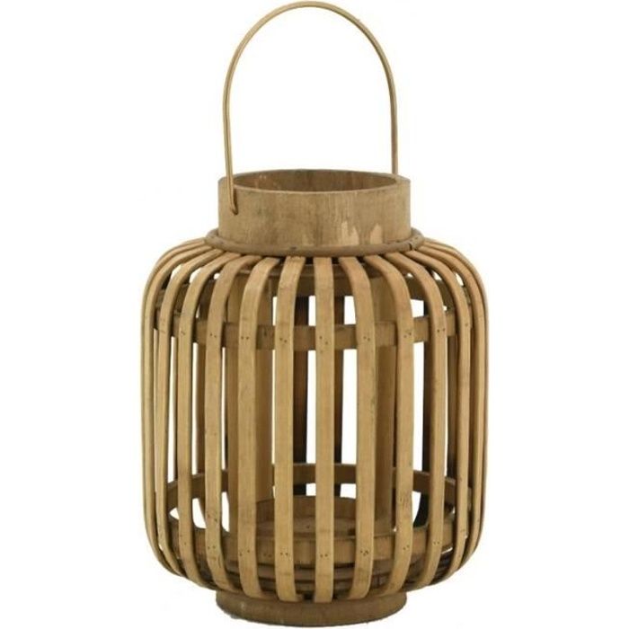 Lanterne Bohème Bambou Rotin 40cm Avec Cylindre Verre - Lampe Décorative Intérieur Extérieur, Protection Vent