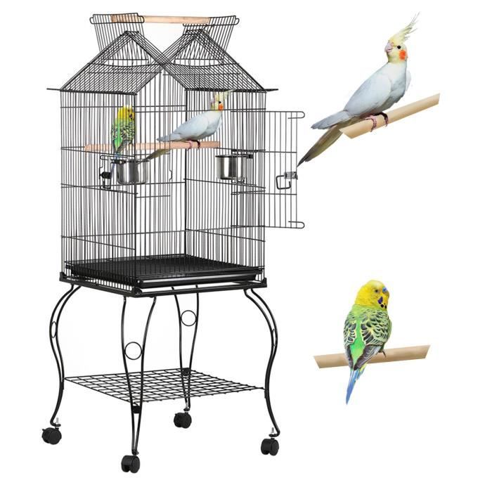 yaheetech cage pour les oiseaux 59 x 59 x 145 cm cage sur roulettes canaries perroquet perruches calopsittes pinson inséparables