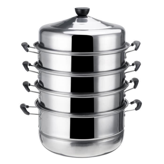 Lot de 3 cuiseurs vapeur en acier inoxydable empilables avec couvercle en verre trempé ventilé - 28,4 cm - Idéal pour la cuisson à induction et au gaz