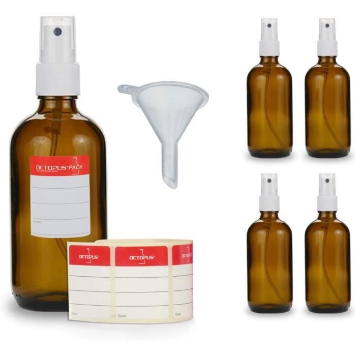 étiquettes Flacons pulvérisateurs avec pulvérisateur à pompe 5 x Bouteilles en verre teinté de 100 ml munies de vaporisateur par exemple pour le parfum mini-entonnoir 