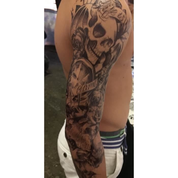 3 Sheet Vollen Bras Tatouage Noir Faux Tatouage Tete De Mort Roses Longueur 45 Cm Cdiscount Au Quotidien