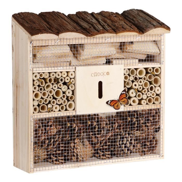 CADOCA® Hôtel à insectes en Bois naturel 30,5x31 cm Cabane Maisonette Nichoir à abeilles Hivernage Pollinisation Biodiversité