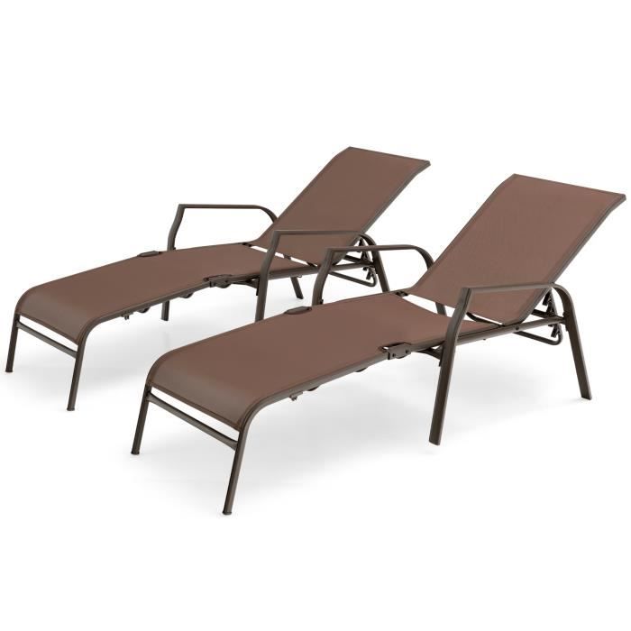 COSTWAY Lot de 2 Chaises longues avec Dossier Réglable Tissu Respirant Structure Robuste en Acier Charge Max 150KG Marron COSTWAY Lot de 2 Chaises longues avec Dossier Réglable Tissu Respirant Structure Robuste en Acier Charge Max 150KG Marron