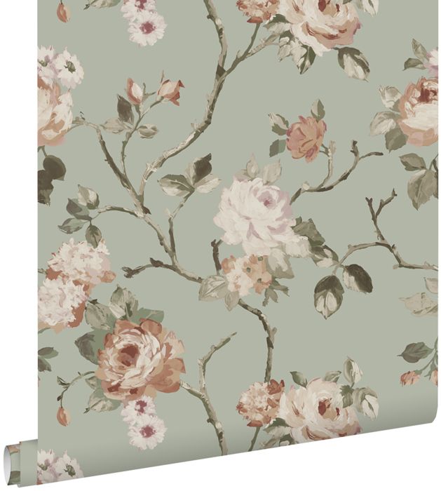 Papier peint fleurs vintage vert menthe grisé et rose clair - 0.53 x 10.05 m - 139291