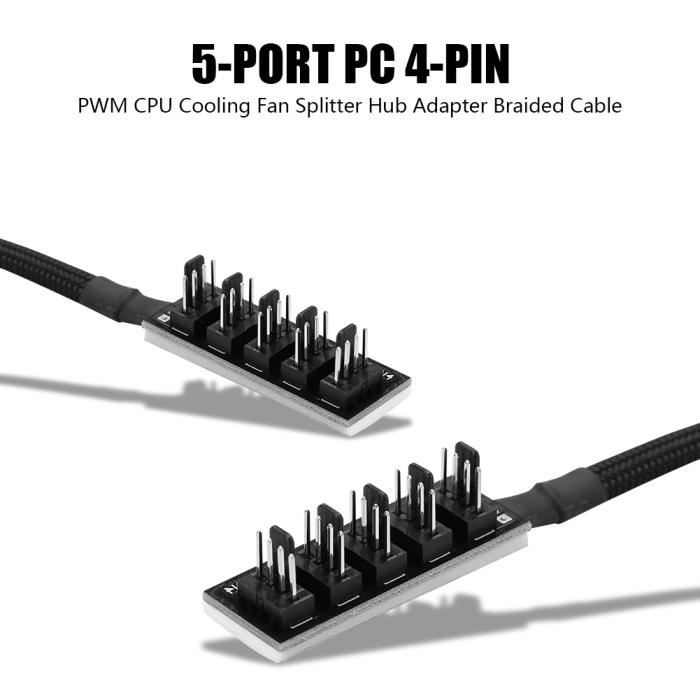 Ventilateur de refroidissement CPU Hub, PC Adaptateur répartiteur de ventilateur de refroidissement CPU PWM 4 broches 5 ports 1-FUT