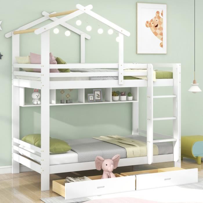 Lit Superposé Mezzanine 140x200 Cm - Avec Escalier De Rangement, Grille De Sécurité, Sommier à Lattes, Blanc