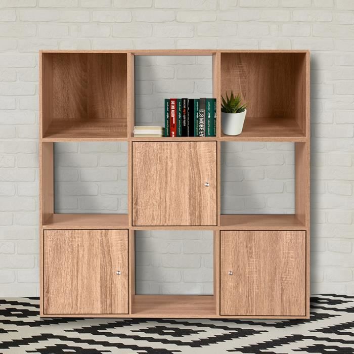 Meuble De Rangement Cube 9 Cases Bois Facon Hetre Avec 3 Portes