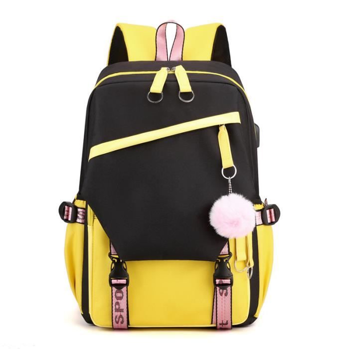 Sac à Dos Scolaire Enfant Nylon Imperméable Cartable Primaire Sac décole Collége Garcon/Fille USB Port de Charge et Casque - Jaune