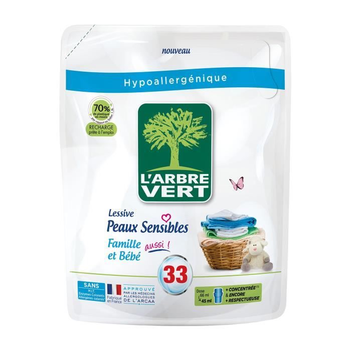 L'ARBRE VERT Recharge Lessive liquide Famille & Bébé aussi ! - Peaux sensibles - 33 lavages - 1,5 L