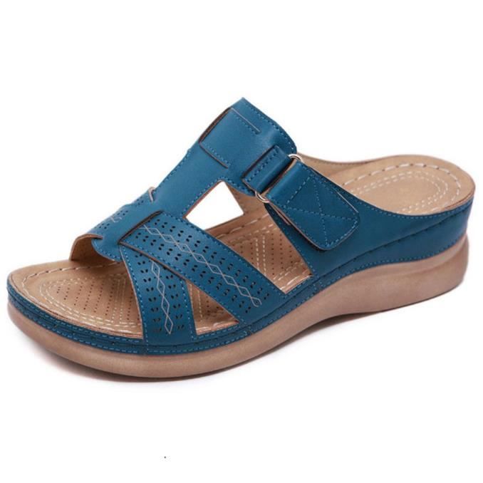 Sandales Compensées Femme Été Sandale Bout Ouvert Confortable Pantoufles Bohème Pied Large Cuir