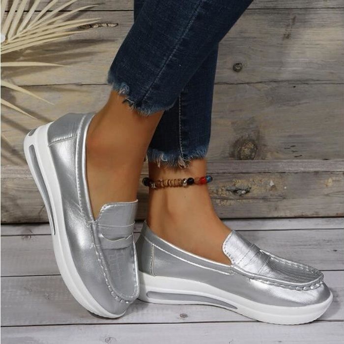 Mocassin femme argent cuir hot sale