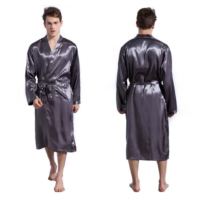 Robe de Chambre Homme Satin L?�ger Peignoir de Bain Manches Longues - INSFITY - Gris Gris 