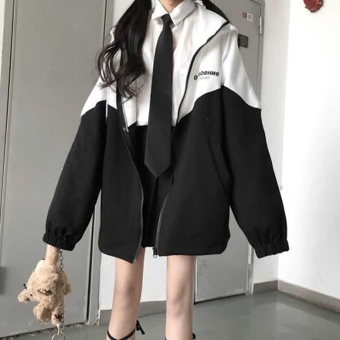Sweat-Shirt Japonais Femme à Capuche – Style Ample Patchwork, Zippé, Décontracté Pour Automne