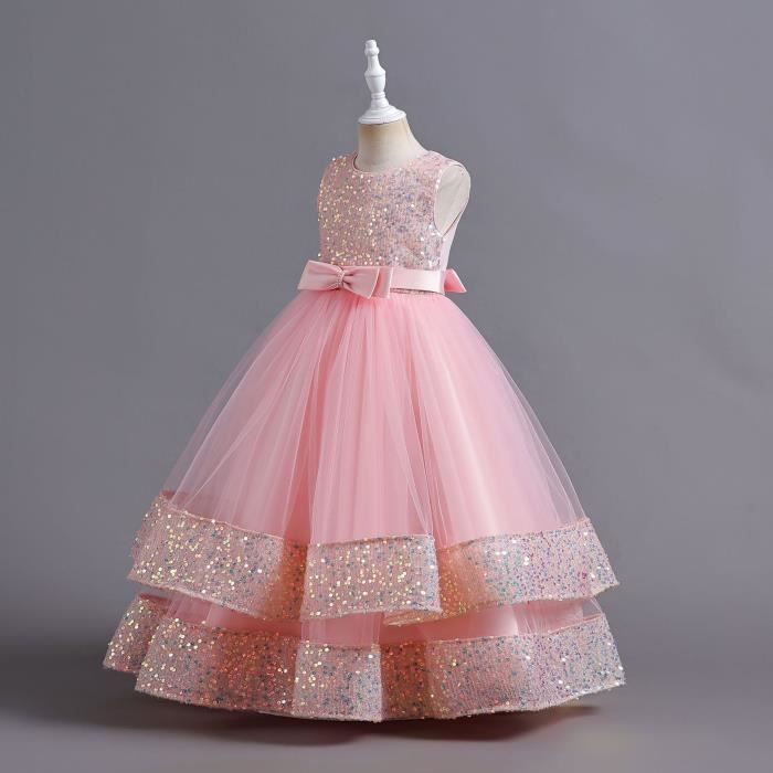 Robe Princesse Fille de Ceremonie Paillettes Sans Manches Robe de Mariage Avec Ceinture Noeud Papillon Rose