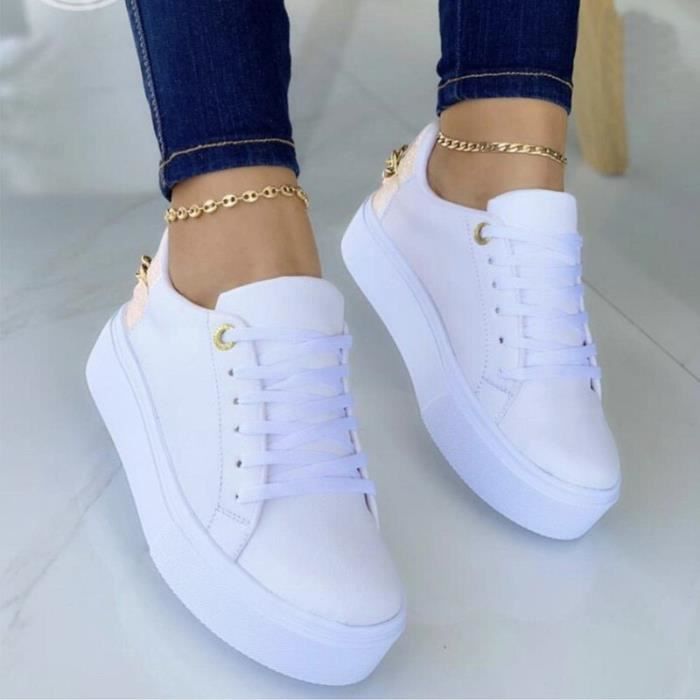 Baskets pour femmes, petites chaussures blanches à lacets à plateforme