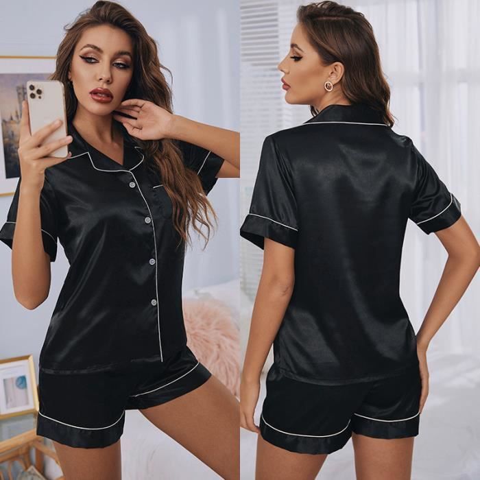 Pyjama en Satin de pour Femme Doux Boutonn Manches Courtes