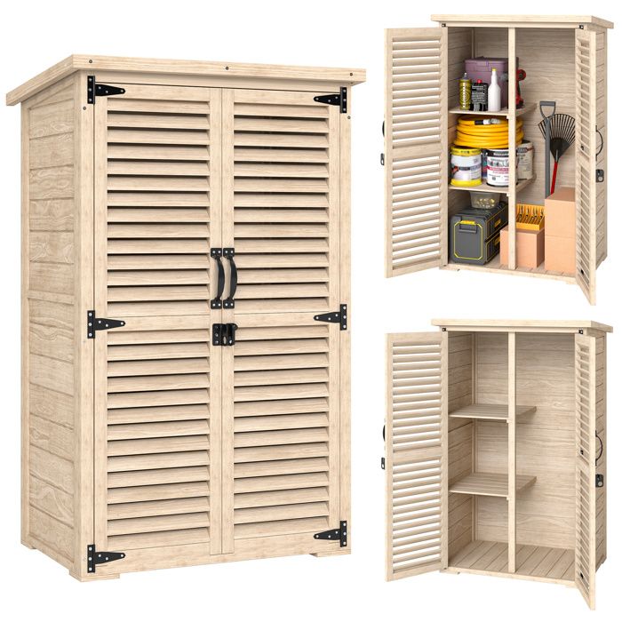 Armoire de jardin - remise pour outils - Outsunny - bois 2 étagères toit bitumé portes persiennes - bois - 75x50x118cm - naturel