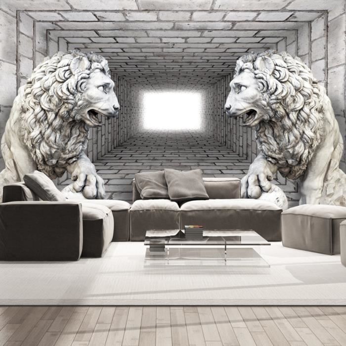 Papier peint 3D et Perspective Lions de pierre 250x175 cm - Papier peint panoramique - Intissé