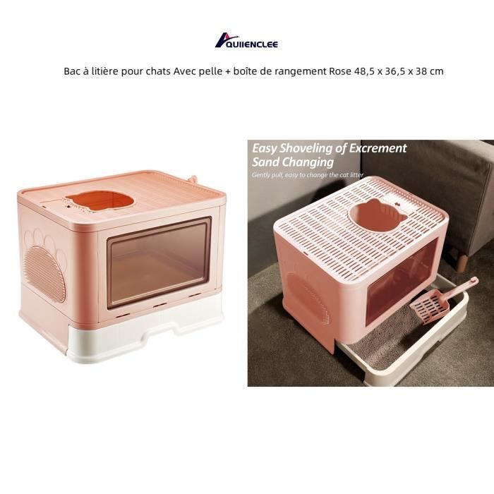 Comparer les prix de Bac à litière pour chats - QUIIENCLEE - Avec pelle + boîte de rangement - Rose - 48,5 x 36,5 x 38 cm