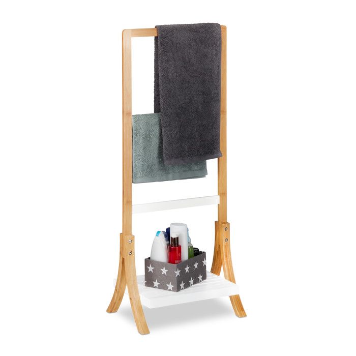 Relaxdays Porte-serviettes sur pied Support pour serviettes de bain 3 barres bambou rangement 103x41x28 cm nature