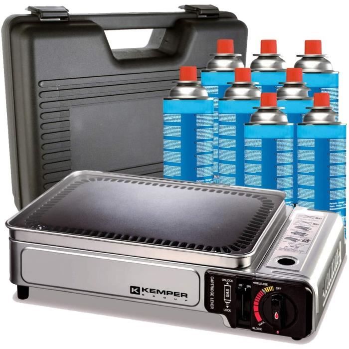 Plancha gaz portable 2300W Kemper plaque anti adhésive + 8 cartouches gaz camping + Val de